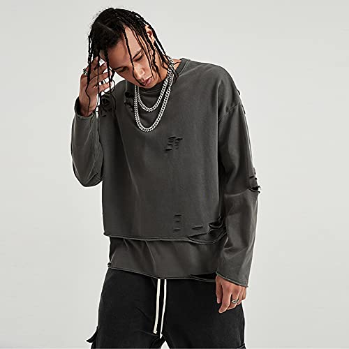 Vintage Streetwear ripped Sweatshirt Men Fashion Autumn Solid Color Oversize Sweatshirt4