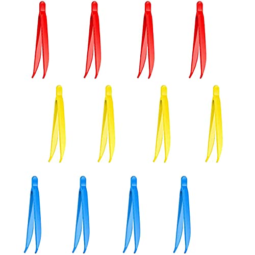 12 Count Plastic Tweezers for Kids,Science Nature Observation Tools for Students Spring Outing (Yellow Blue and Red)