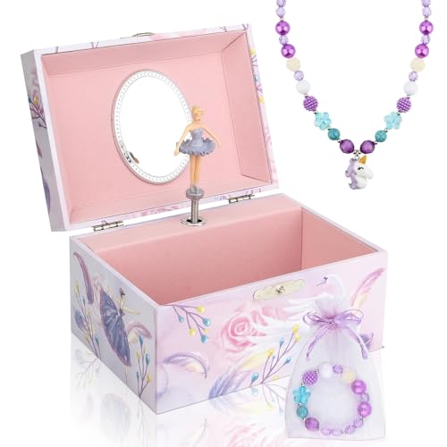 Taduoduo Girls Musical Jewelry Box Organizer with Jewelry Set - Pink Purple Spinning Ballerina Theme Swan Lake Tune - Jewelry Storage and Music Box for Girls
