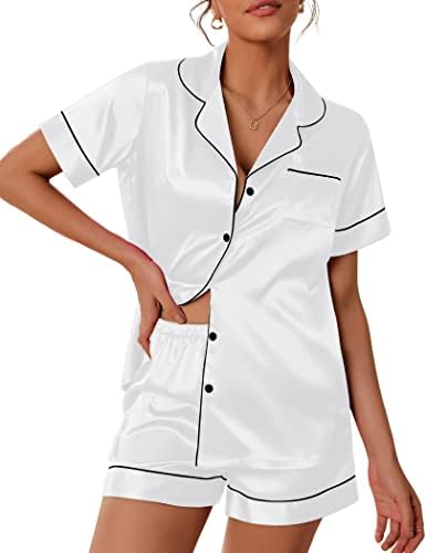 Ekouaer Women's Satin Sleep Set Short Sleeve Sleepwear Soft Silk Pajama Set Bridesmaid Pjs (White,S)