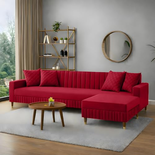 Image of AMATA Omega Solid Wood 4 Seater L Shape red Suede Velvet Fabric Sofa Set with Four Cushions Perfect for Home Office Guests Living Room (03 RED, Omega L Shape 4 SSEATER)(3 Year Warranty)