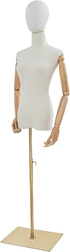Miniatura 6 de Vestido de maniquí femenino con cabeza desmontable y brazos de madera ajustables, funda de lino y base de metal dorado, altura ajustable de 55 a 80