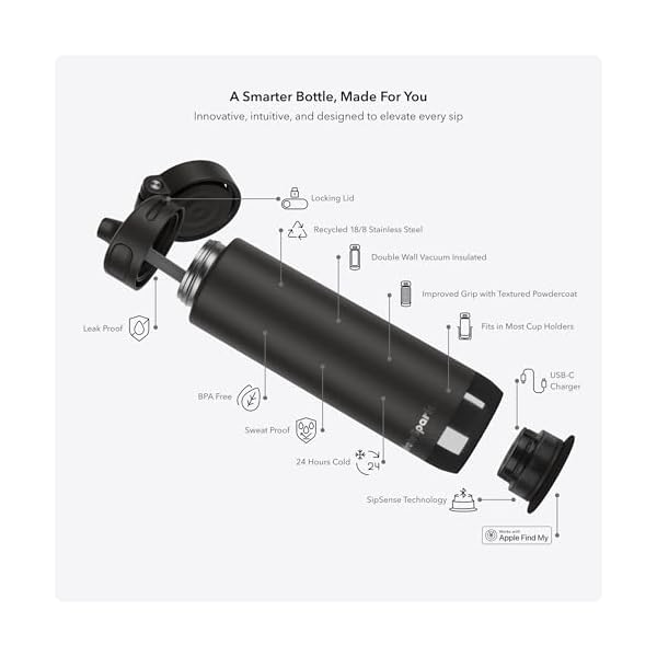 Hidrate Spark PRO 2 Smart Straw Water Bottle – 21 oz Insulated Stainless Steel, Tracks Water Intake, Glows & Beeps For Drink Reminder, Bluetooth Sync to App, BPA-Free, Black (with Apple Find My) - Image 4