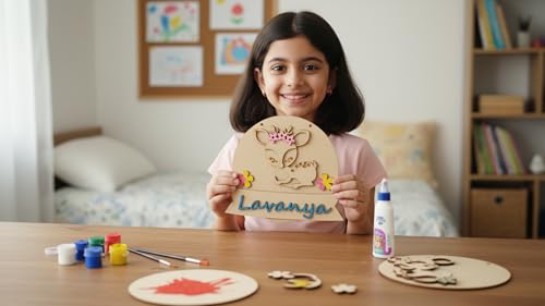 Image of Varenyam Personalized Wooden Name Plate Painting Kit for Kids | Creative Art & Craft Gift for Boys & Girls | with 6 Colors, Brush & Glue