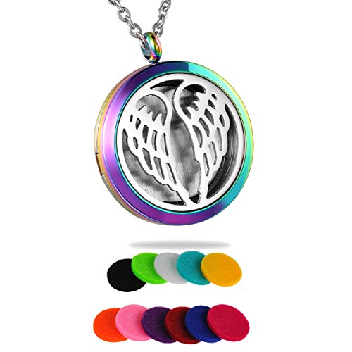 HooAMI Aromatherapy Essential Oil Diffuser Necklace - Angel Wing Round Multicolor Locket Pendant