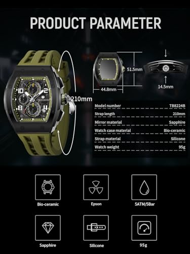 Image of TSAR BOMBA Mens Luxury Watch Watches for Men 50M Waterproof Japanese Quartz Movement Tonneau Stainless Steel Case Sapphire Glass with Chronograph Date Function Cool Unique Fashion Gift