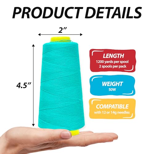 Image of Mandala Crafts Aquamarine Mercerized Cotton Thread Cones, Sewing Quilting | 2400 Yds 50 WT, 100% Long Staple Cotton, Multipurpose, for Embroidery, Piecing, Sergers, Applique, Machine and Hand Sewing