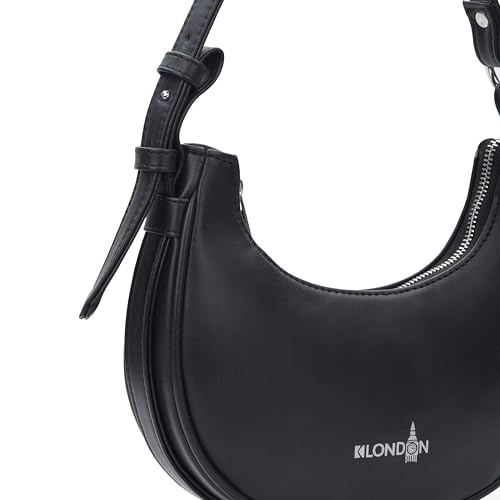 Image of K London Women's Vegan Leather Half Moon Bag | Stylish Black Shoulder Hobo | Compact Baguette Purse for Office, Casual, Party & Travel Use