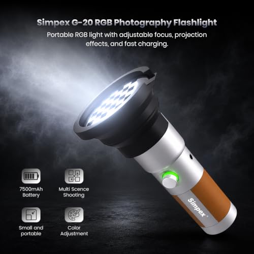 Image of Simpex G-20 RGB Photography Flashlight Portable 20W LED Video Light with Professional Optical Lens, Adjustable Focus Beam, 20 Projection GOBOs, 20 Color Filters, 7500mAh Battery, Type-C Charging