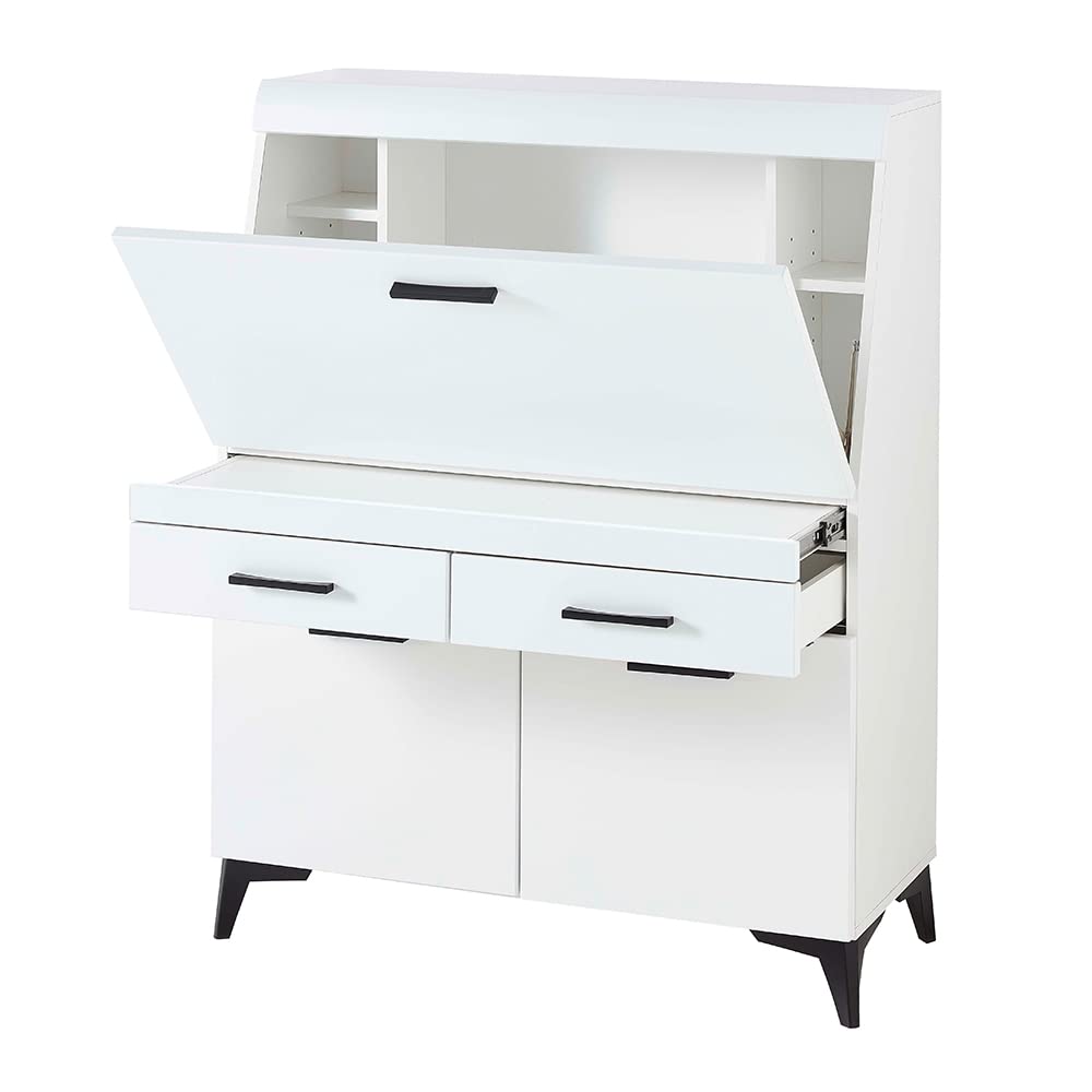 Lomadox Sekretär in weiß, Klapptür mit Türdämpfung, Drehtüren mit Softclose-Funktion, Griffe in schwarz, B/H/T ca. 98/124/42 cm