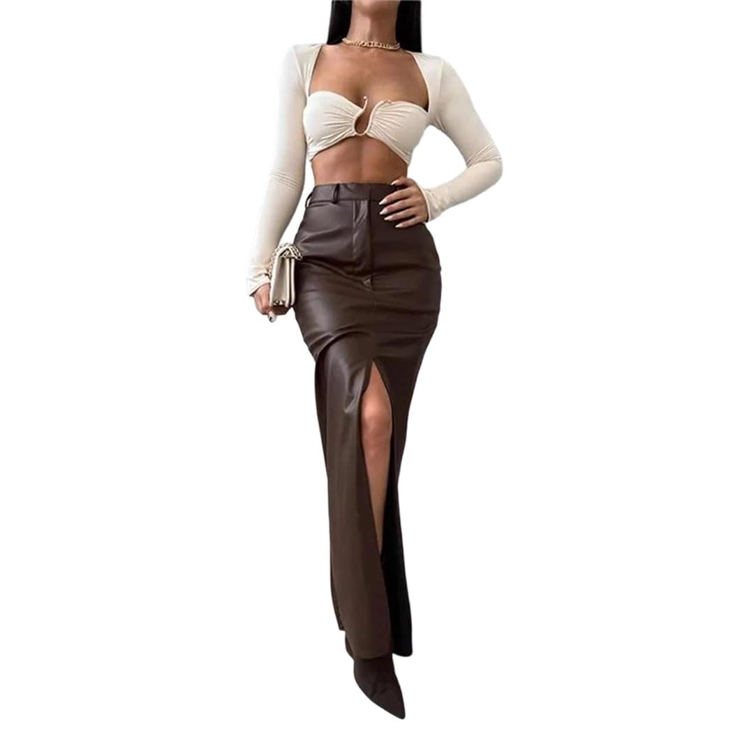 Women Solid Color High Waist Leather Skirt Long Split Design Office Lady Trendy Slim Fit Fall Work Elegant