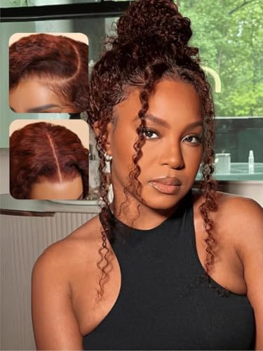 Image of Sunber Reddish Brown Curly Human Hair Drawstring Wig Bye Bye Knots 7X5 Lace Front Glueless Wigs Human Hair No Slip Put on and Go Wigs Pre Plucked Pre Cut Natural Hairline 150% Density 14 Inch
