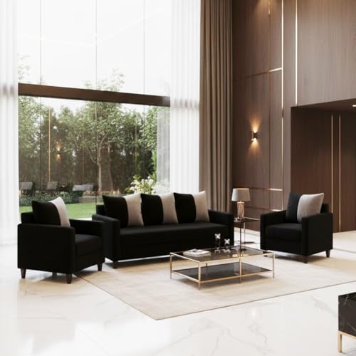 Image of FURNY Rion 5 Seater Fabric 3+1+1 Sofa Set (Black-Light Grey) Premium Velvet Finish | Durable & Comfortable | Ideal for Living Rooms