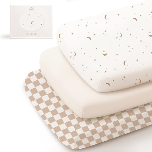 Image of Konssy 3 Pack Stretchy Bassinet Sheets for Baby Girl Boy, Soft Breathable Baby Bassinet Mattress Sheets Fit for Hourglass Oval Cradle, Moses Basket Rectangle Mattress (Coffee Check)