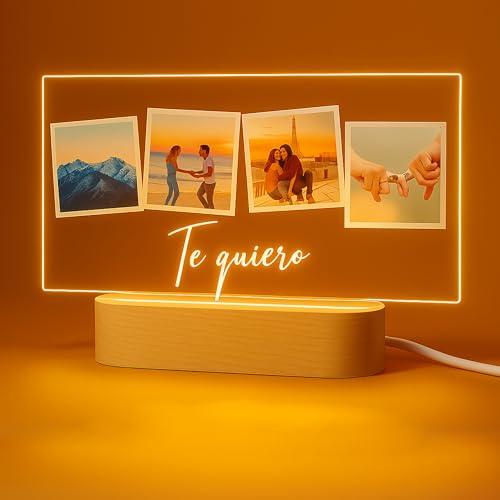 Cristal Plaque Lámpara LED tipo Cuadro Personalizado con 4 Fotos y Mensaje – Metacrilato Premium y Base de Madera – Regalo Original para Cumpleaños, Bodas y Aniversarios