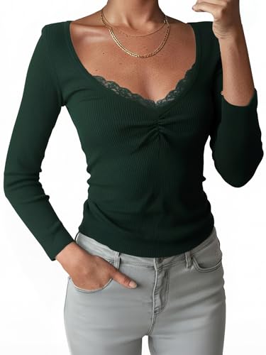 Image of Womens Lace Long Sleeve Top Paneled Henley Shirts Y2k 2000s Fitted Going Out Tops Blouse