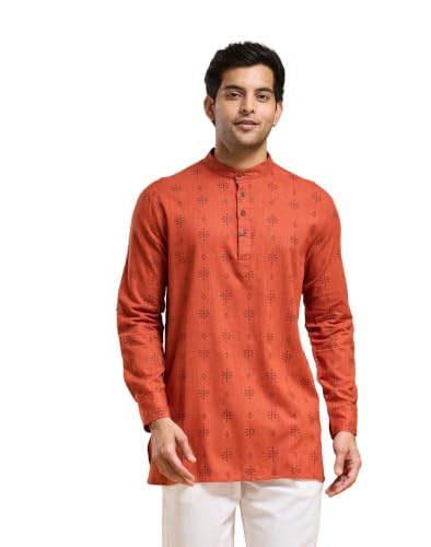 Image of Fabnu by Fabindia Men's Cotton Printed Relaxed Fit Straight Short Kurta
