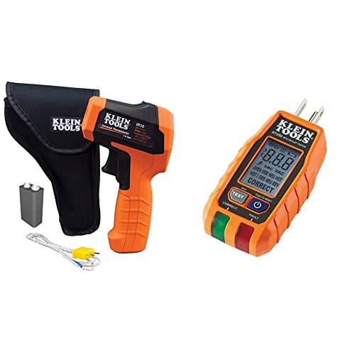 Klein Tools IR10 Infrared Thermometer, Digital Thermometer Gun with Dual Targeting Laser, 20:1 & RT250 GFCI Outlet Tester with LCD Display, Electric Voltage Tester