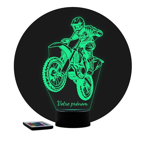 JNB-Maker Lampe LED 3D Motocross 2 Personnalisée Prénom – Veilleuse 16 Couleurs + Télécommande – Cadeau Passion Moto Cross & Enduro – Fabrication...