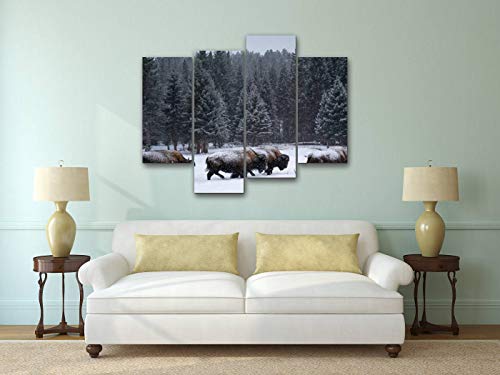 4 Panel Canvas Pictures Bison Herd, Snow Buffalos And Pictures Wall Art Prints Paintings Stretched & Framed Poster Home Living Room Decoration Ready To Hang #TOP3