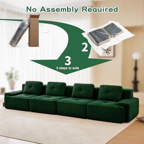 Image of 153 inch Extra Large 4-Seater Modular Boneless Couch, Luxury Corduroy Fabric, Deep Seat Cloud sectional Sofa with Buckle Connection, No Assembly Anti-Slip Couch for Big Living Room, Green