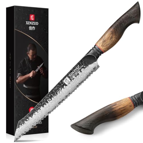 XINZUO 21,5cm Couteau à Pain Acier Damas 67 Couches Forgé à la Main Couteau à Gâteau de Cuisine -Professionnel Tranchant Couteaux à pâtisserie -Poignée Ergonomique en Chêne Blanc -avec Boîte Cadeau
