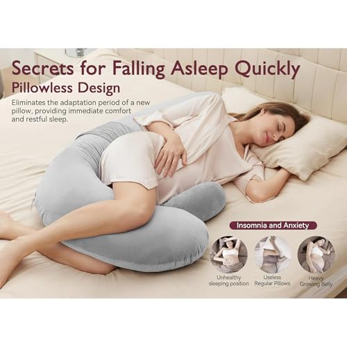 Image of J-Shaped Sleeping Pregnancy Pillow| Removable Velvet Covers| PregnoCare Fibres| Baby Shower Gift, Maternity, Nursing| Full Body Soft-Support Bump, Head, Back, Shoulder, Hips, Legs and Belly (Grey)