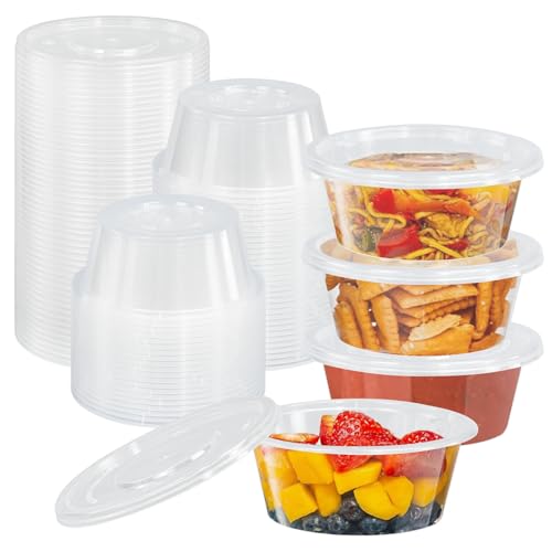 LPAMABA 50PCS Tarros de Plástico 200ML, Envases de Plastico con Tapa, Recipiente Redondo de Plástico Reutilizables y Transparentes, Botes Pequeños de Plastico para Salsas, Sopas, Cremas y Snacks