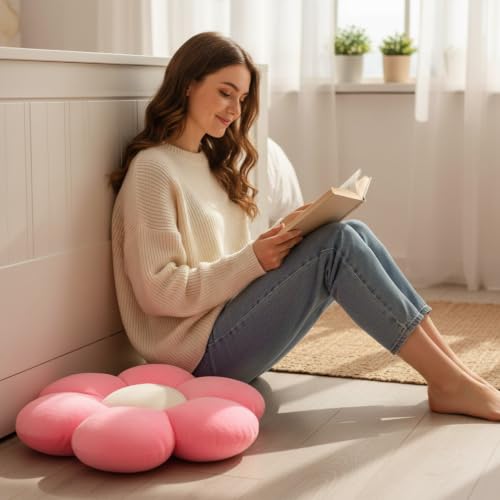 Image of AVS Sunflower Shaped 6 Kali Throw Pillow Cute Preppy Home Decorative Floor Cushion with Fibre Filling Aesthetic for Sofa Bedroom, Living Room, Car, Office (Pink, 25CM)