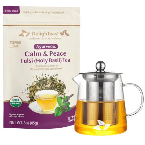 DelighTeas Organic Tulsi Holy Basil Tea with Glass Teapot |