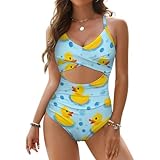 Cute Cutout One Piece Swimwear, Yellow Rubber Ducks Bubbles Tie Back Beach Bathing Suit Tummy Control Criss Cross Ladies Swimsuit (L)
