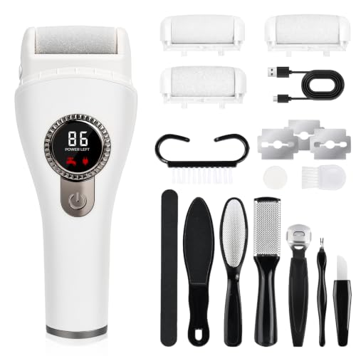 Lima Eléctrica para Pies con Kit Pedicura, Quita Durezas y Callos con 3 Velocidades 3 Rodillos, 1200mAh, Pantalla LED y Luz, Recargable USB, Set Completo Cuidado de Pies