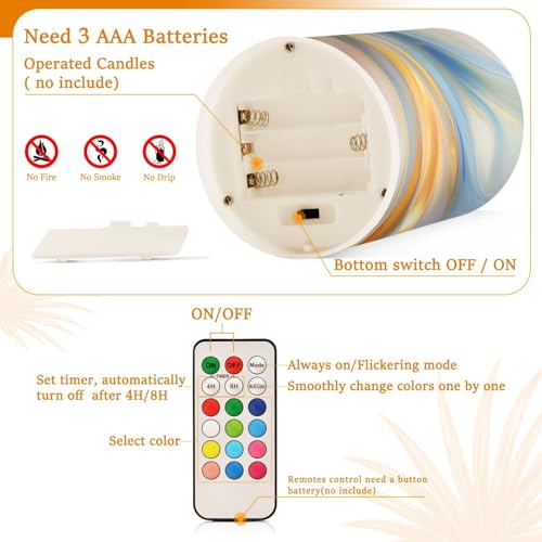 Image of Flickering Flameless Candles, Blue Gold Marble LED Candles with Remote Timer, Set of 2 Battery Operated Candle for Valentine Wedding Birthday