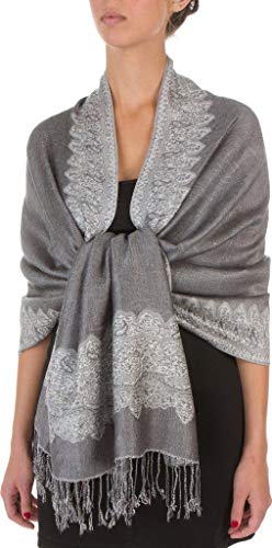 Grey Elegant Reversible Paisley Border Pattern Pashmina Shawl Wrap Scarf Double Layer #WSAS