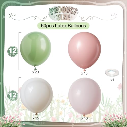 Image of Sage Green Pink Balloons, 60 Pcs 12 Inch Retro Dusty Pink Olive Green Balloons, Blush Sand White Balloon for Baby in Bloom Girl Floral Baby Shower Boho Wedding Bride Shower Birthday Party Decorations