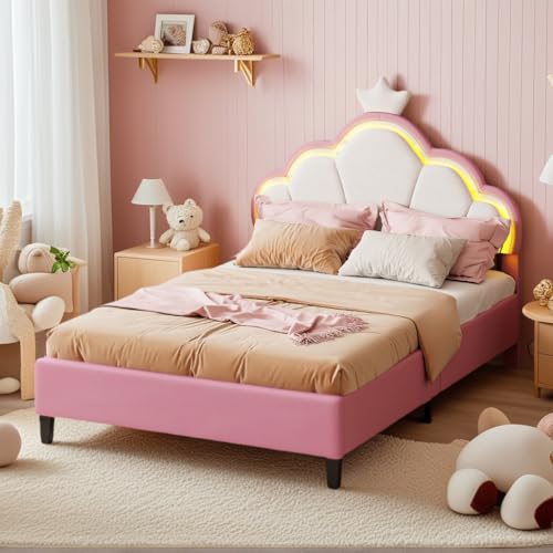 Letto per bambini, 140 x 200 cm, letto matrimoniale imbottito, per ragazze, con illuminazione a LED e rete a doghe...