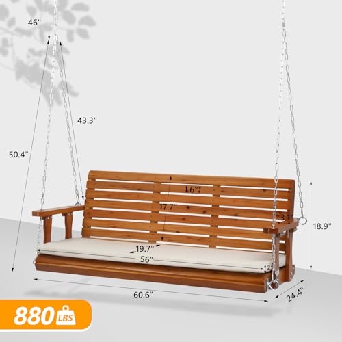 Image of VINGLI 5 FT Heavy Duty Porch Swing with Cushion, 880 LBS Wooden, Brown