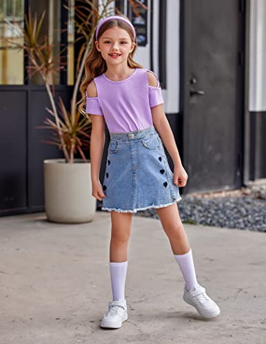 Greatchy Kids Girl's Summer Shirts Criss Cross Cold Shoulder Short Sleeve Round Neck Cute Blouse Pullover Top #TOP3