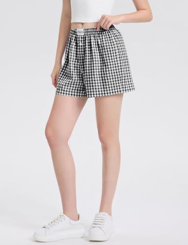 Image of LOMON Womens Boxer Shorts Casual Summer 2026 Pajama Lounge Sleep Pj Gingham Plaid Shorts Y2K Beach Bottoms