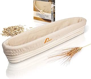 Amazy Proofing basket including instructions with recipes - the ideal proofing basket for bread dough made of natural wicker (baguette diameter 30 cm) - with linen insert