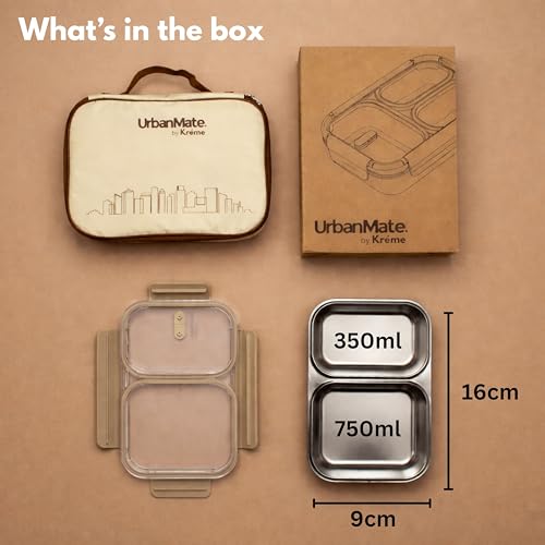 Image of Kreme UrbanMate Bento Lunch Box with Carry Bag 1100 ml, 2 Compartment Lunch Box, Stainless Steel, Leak Proof, Spill Proof, Ideal for Adults, Teenagers and Kids, Beige