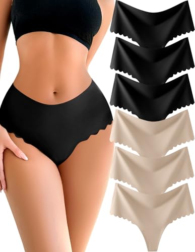 Image of ALL OF SHE Thongs for Womens High Waisted Seamless Underwear for Women 6 Pack Wave Edge No Show Sexy Panties