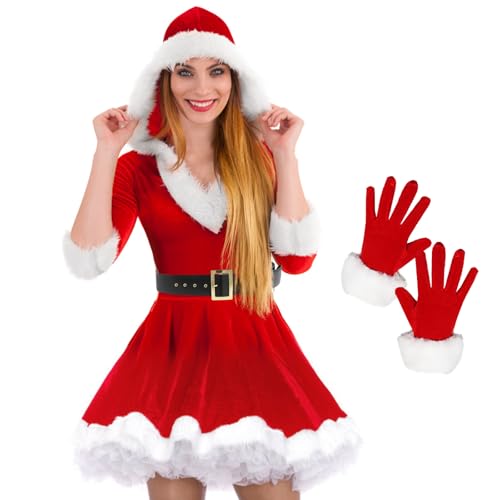 SOETDERT Weihnachtsfrau Kostüm Damen, Weihnachtsmann Kostüm Damen, Weihnachtskleid Hohe Taille mit Gürtel Handschuhe, Santa Kostüm Damen,...