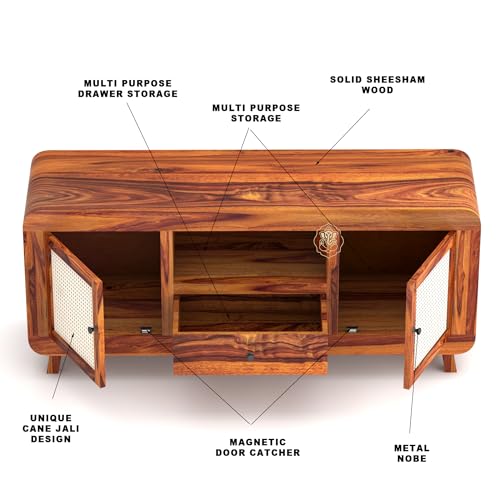Image of Siddhivinayak Sheesham Wood TV Unit for Living Room | Solid Wooden TV Stand Cabinet with Storage Drawer, Cane Doors & Shelf | Entertainment Media Console Table | Honey Finish | 56.7 Inch
