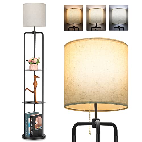 anyts Stehlampe Wohnzimmer 1.5M Stehlampe mit Regal, Standleuchte, Metallregal, Lampenschirm Stoff, inkl. 1 x E27 Glühbirne Cover