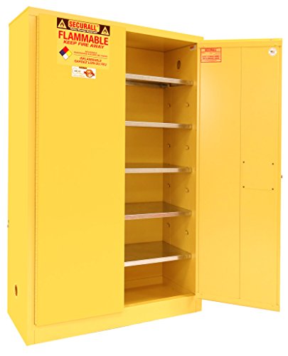 Securall P160 Paint/Ink Storage Cabinet, 2 Doors, 15 YR Warranty, 65 x 43 x 18 in, 18-Gauge Steel, 60-Gal Cap, 5-Adj Shelves, FM Approved, Smart Certified, OSHA Comp - Yellow