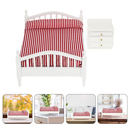 STOBOK 1: 12 Puppenhaus Möbel Bett Miniature Puppenhaus Bett Puppenhaus Doppelbett mit Matratze Und Holznachttisch für Puppenhaus Dekoration – Bild 5