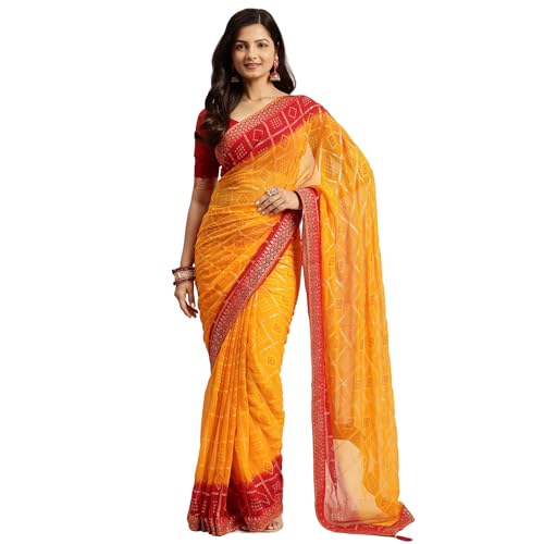 RATAN Women's Chiffon Bandhani Printed Saree without Blouse Piece(SHCH-36222_Yellow)