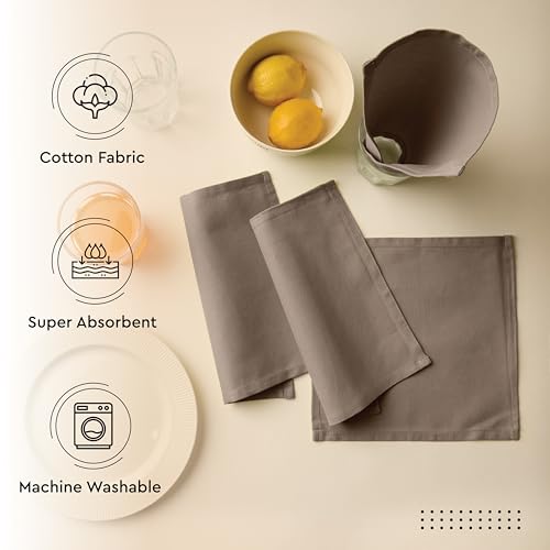 Image of Encasa XO Dining Cocktail Napkins 12 pcs (1 Dozen) Set of Large 23x23 cm (9 inchx9 inch) - Taupe - Absorbent Heavy Cotton Party Fabric Machine Washable for Home Restaurant Banquet & Hotel