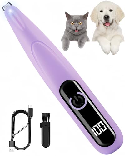 ペット用バリカン LRCUOPY 犬用バリカン USB充電 LEDディスプレー LEDライト付き 犬 猫用 足裏 耳裏 顔周り お尻周り 肉球 部分カット 自宅トリミング 小型 軽量 低騒音 低振動 コードレス (パープル)